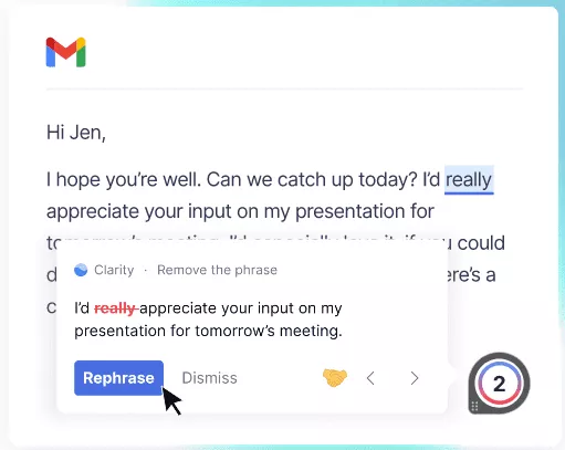A screenshot of Grammarly offering a phrasing suggestion.